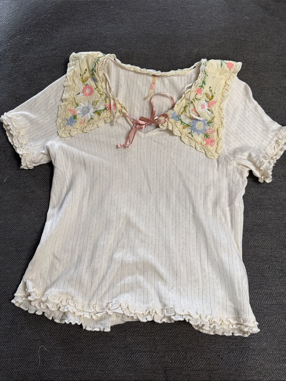 Free People Cream Short Sleeve Knit Top with Embroidered Floral Collar